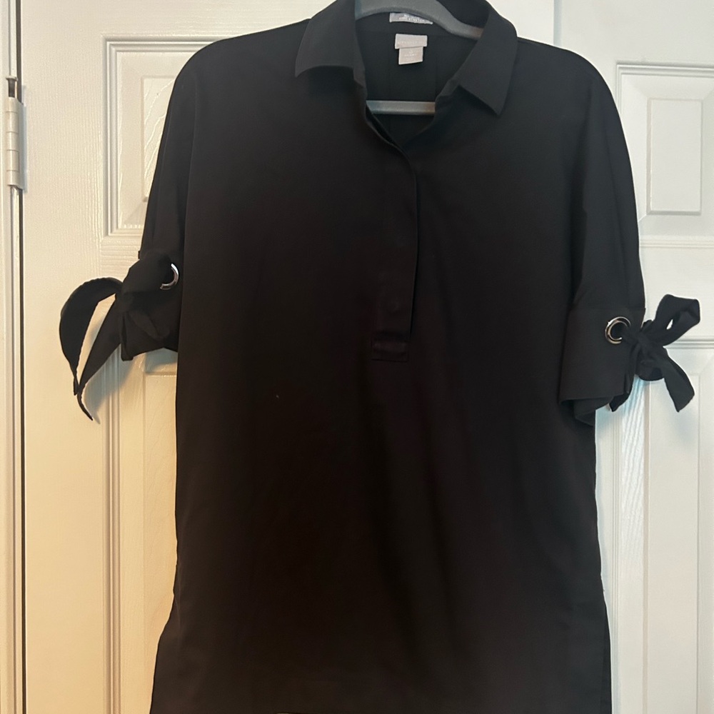 Chico's Black Short-Sleeve Polo Tunic with Sleeve Tie Detail